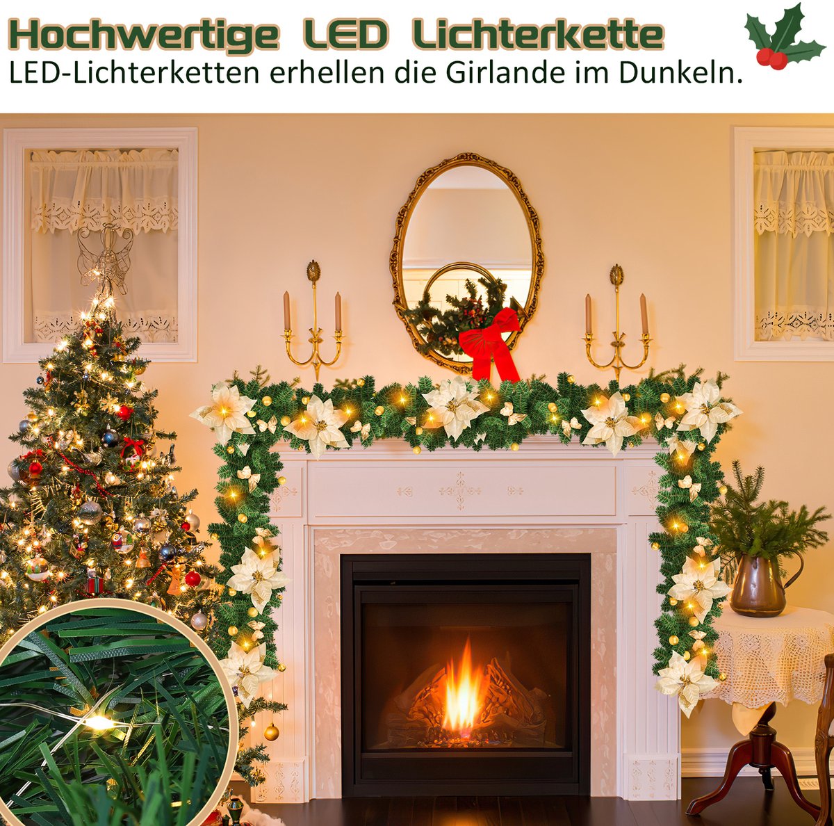 Kerstguirlande met verlichting 2,7 m - 50 led - goud decor – foto 8