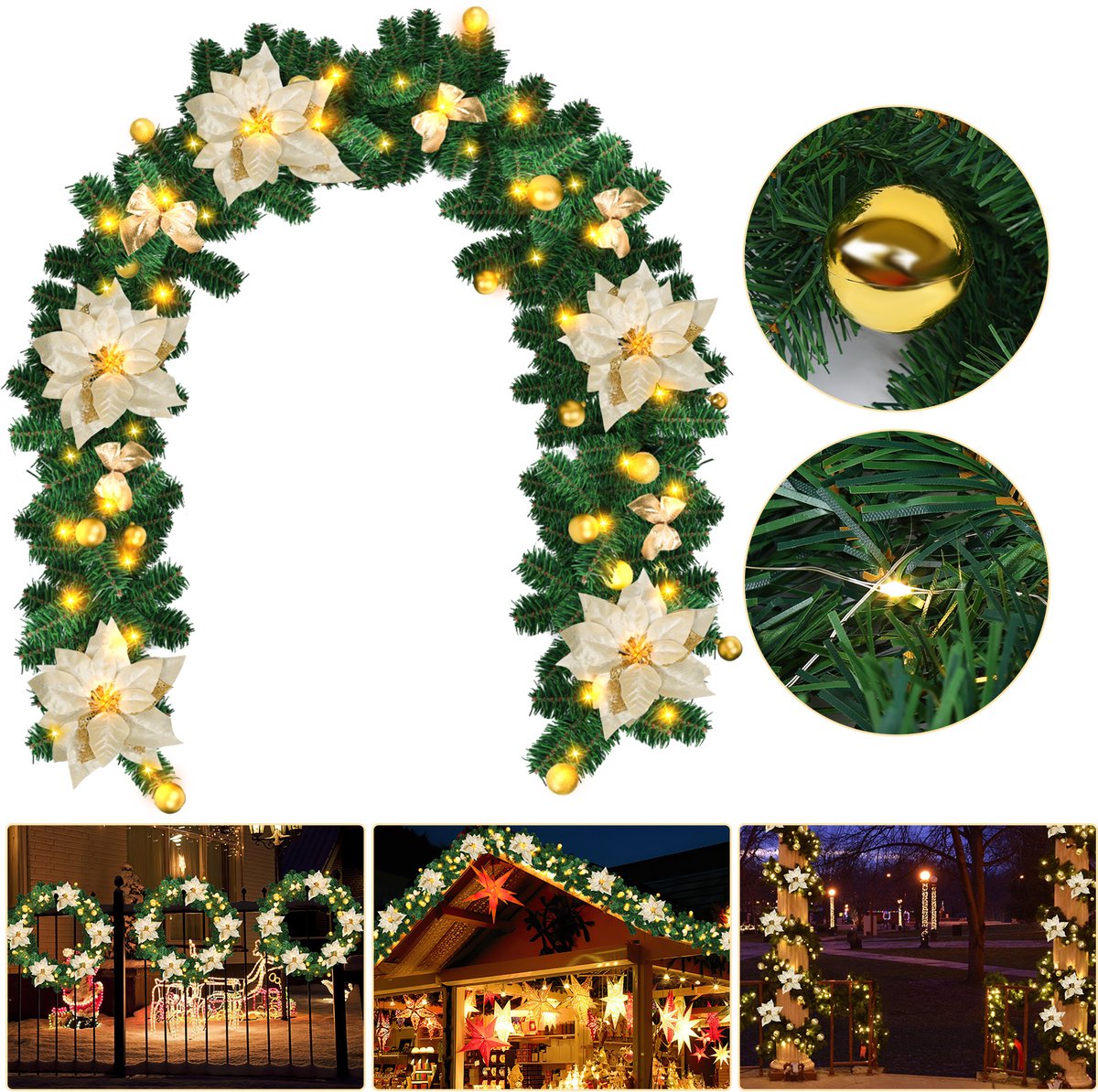 Kerstguirlande met verlichting 2,7 m - 50 led - goud decor – foto 3