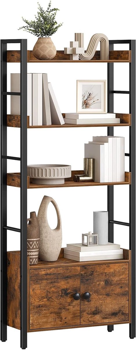 Home & Beyond® Boekenkast met Deuren - Staand Opbergrek met 4 Niveaus - Industriële Uitstraling - 60x24x154 cm