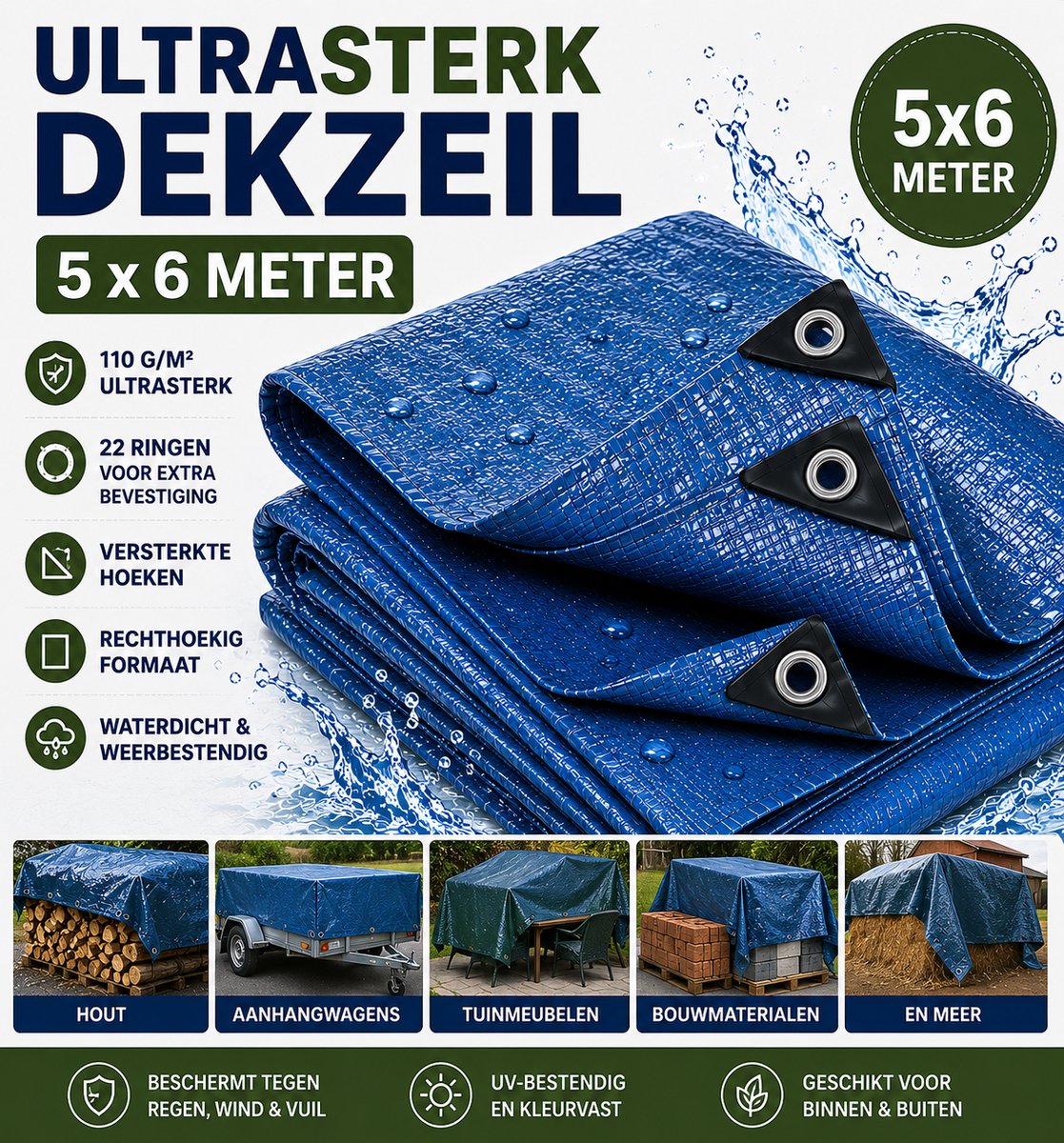 MaxxGarden Dekzeil 5 x 6 m, 110 g/m² ultrasterk, Blauw/groen, versterkte hoeken, Waterdicht Bouwzeil & Zeildoek - Zeil 22 Met Ringen - Beschermhoes & Afdekhoes voor Zwembad,Tuin Set,Motor,Scooter,Fietsen,Aanhangwagen - Auto Hoes Bescherming