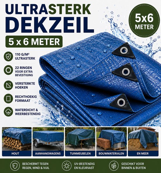 Blauw 5x6 meter ultrasterk dekzeil, 110 g/m², met versterkte hoeken en 22 ringen.