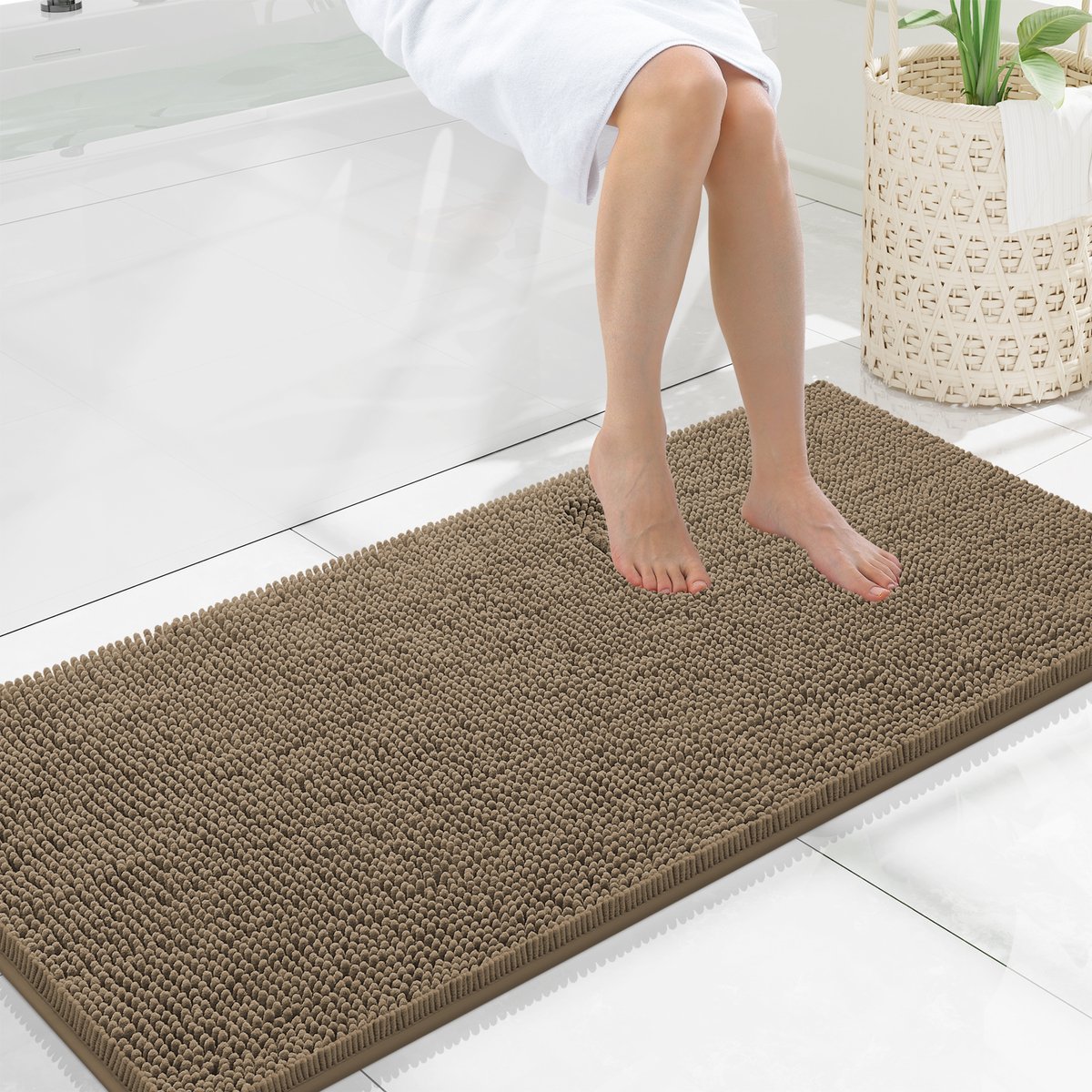 Olanly Badmat Antislip – Chenille Douchemat – Badmat Badkamer – Kameel – 51X120cm