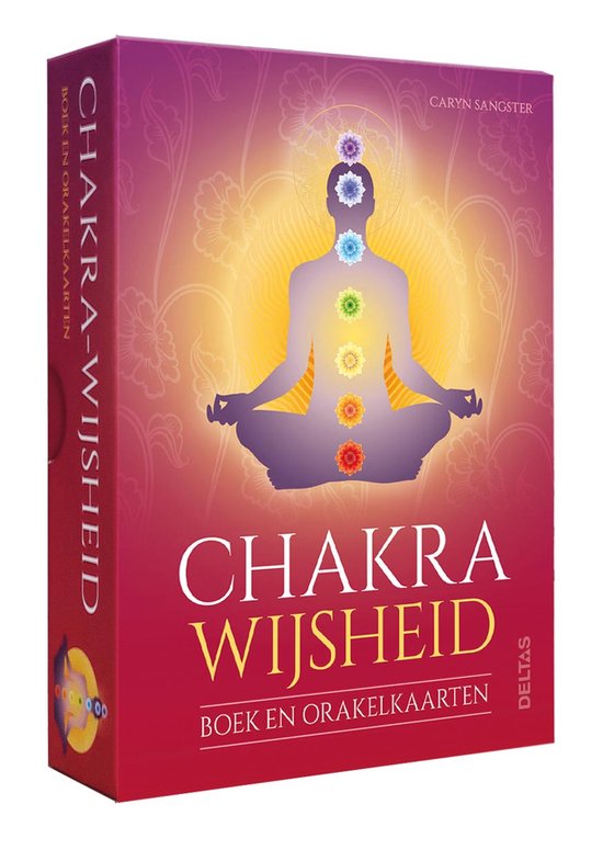 De voorkant van het 'Chakra Wijsheid' spel toont een zittende figuur met zeven chakra's. De tekst 'Chakra Wijsheid - Boek en orakelkaarten' staat erop.
