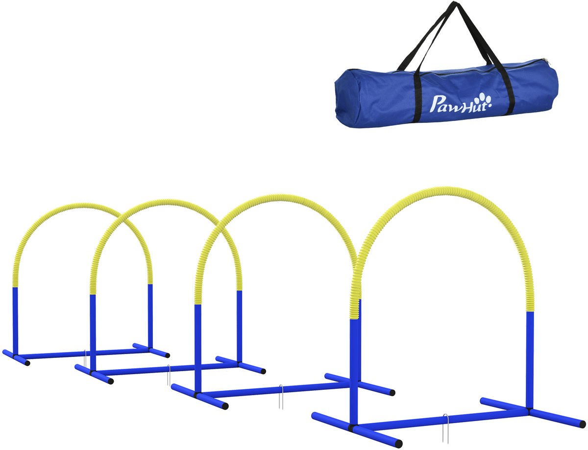 Behendigheidsset voor honden - hondentraining - 4 bogen - voor beginners - met draagtas - blauw+geel - 88 x 64 x 95 cm
