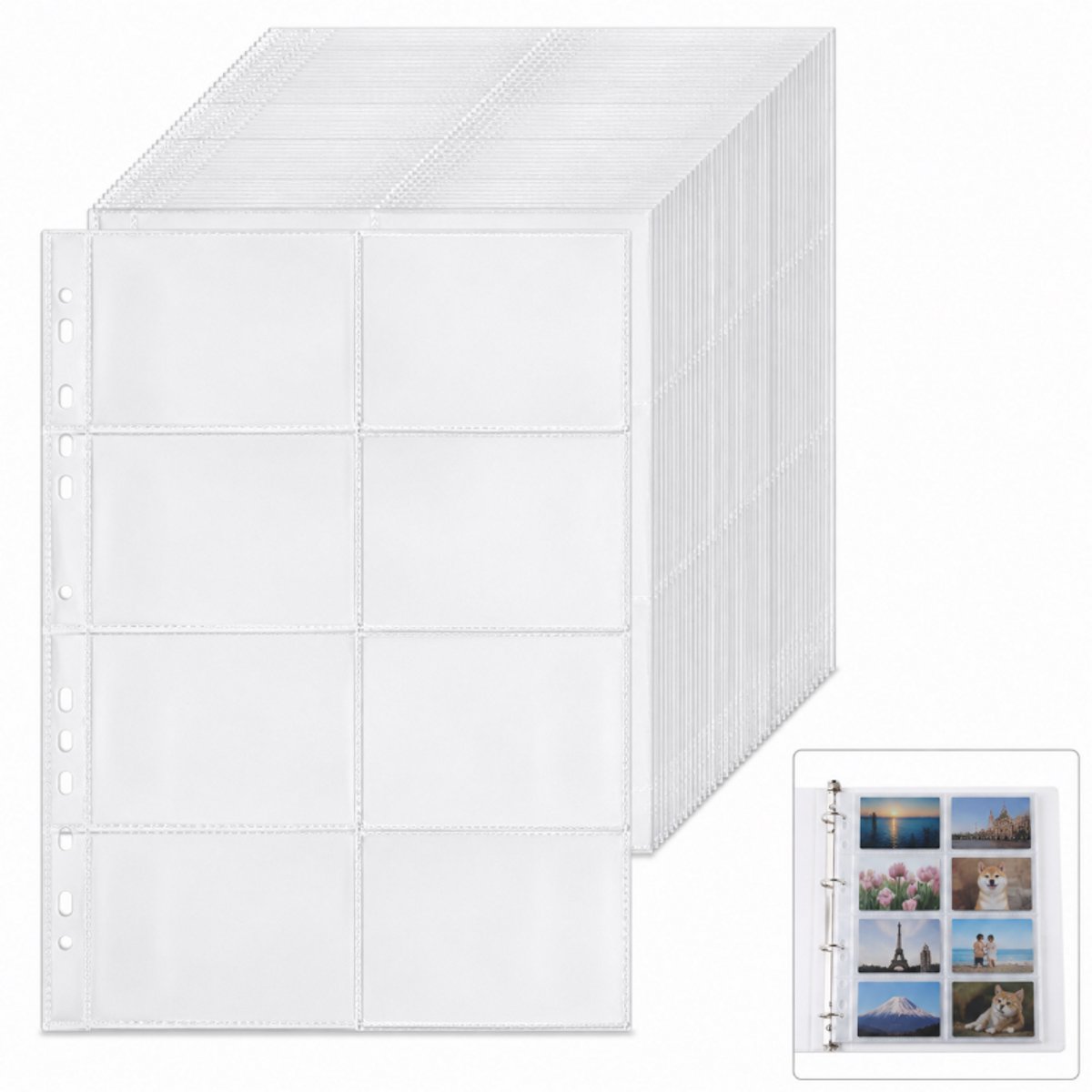 Fotohoezen - A4 TransparantFotobladen - TweeVak -Foto Insteekhoesjes -50 Stuks - voor 2/3/4 ringbanden - Zakformaat 10.5 x 7.7cm