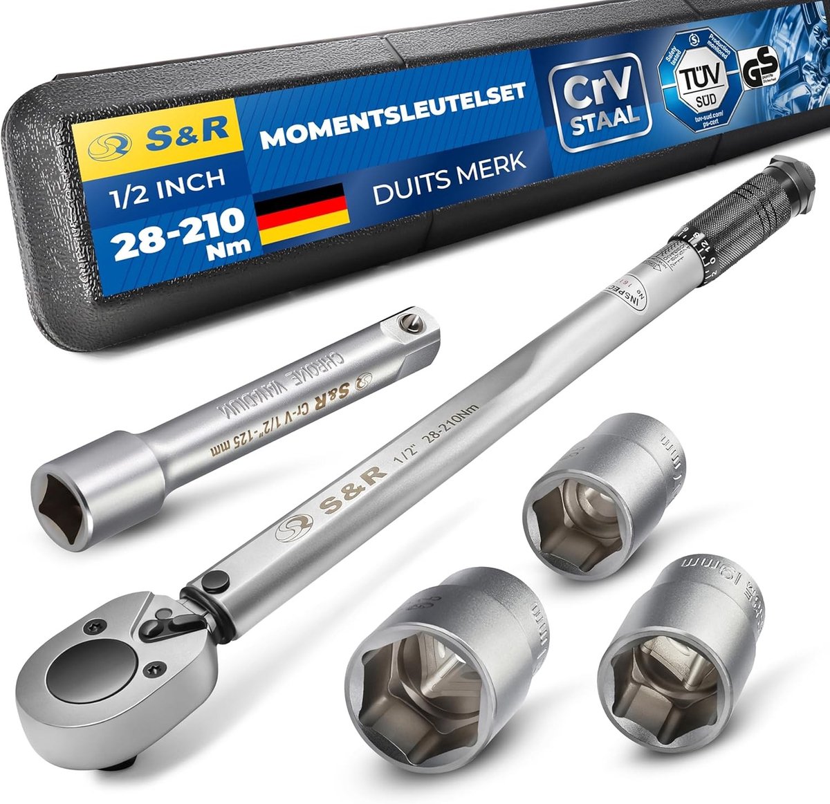 Momentsleutel voor auto - Zwart - 1/2 inch, 28-210 Nm - Nauwkeurige momentsleutel met antislip handgreep - Voor voertuigonderhoud