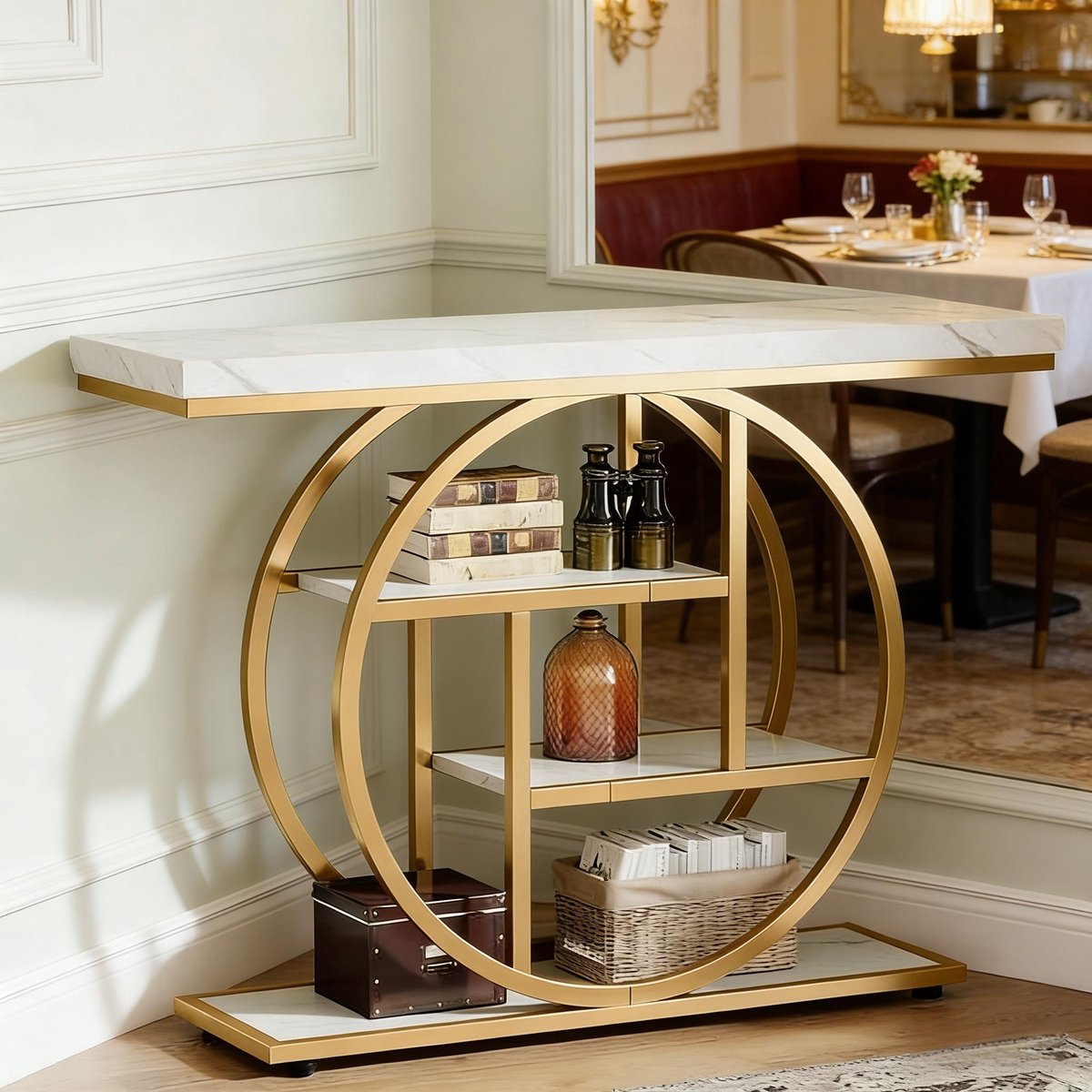 Wishdor Sidetable - Industrieel - 4 niveaus - Met rond frame - Metaal en hout - Goud en wit - Voor hal en woonkamer - 105 x 30 x 80 cm