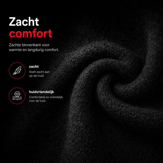 Close-up van de zachte binnenkant van de zwarte bivakmuts. Tekst "Zacht comfort".
