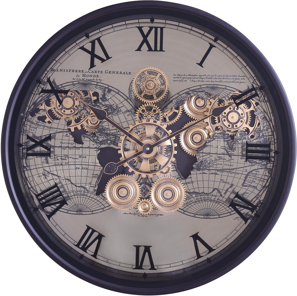 Fresco Wandklok Ø 60 cm - Bewegende Tandwielen – Wereldkaart – Spiegelende Wijzerplaat – Zwart/Goud – Industriële Klok