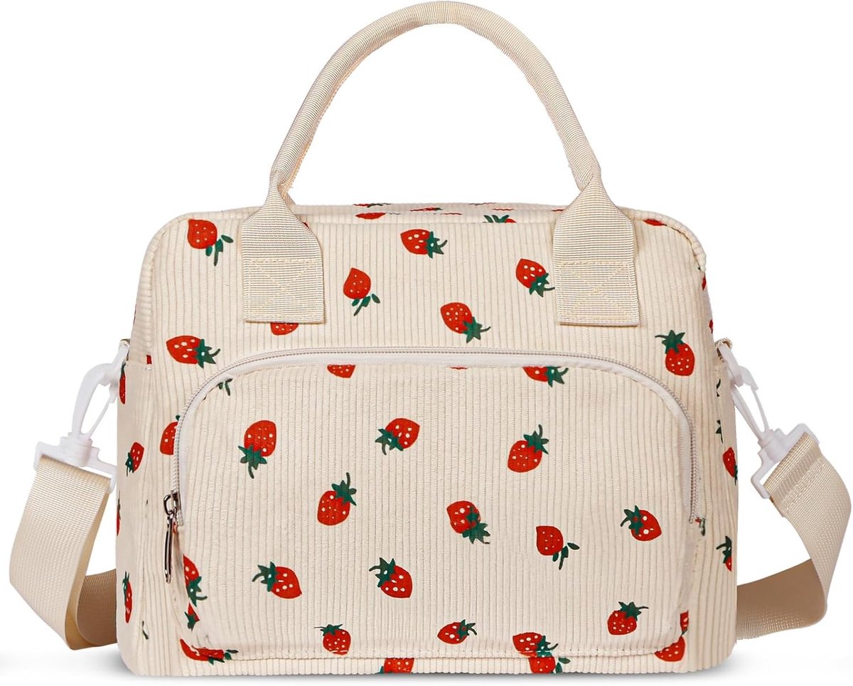 Koelrugtas - Wit met Aardbeiprint - 29 x 22,5 x 16,5 cm - Geïsoleerde Corduroy Lunchtas - Voor Werk en Picknick