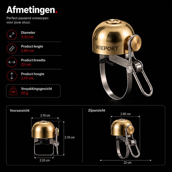 Afmetingen gouden fietsbel: diameter 3,10 cm, lengte 2,80 cm, breedte 22 cm, hoogte 2,10 cm.