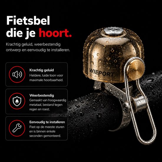 Gouden fietsbel met Weport logo, krachtig en weerbestendig, past op de meeste sturen.