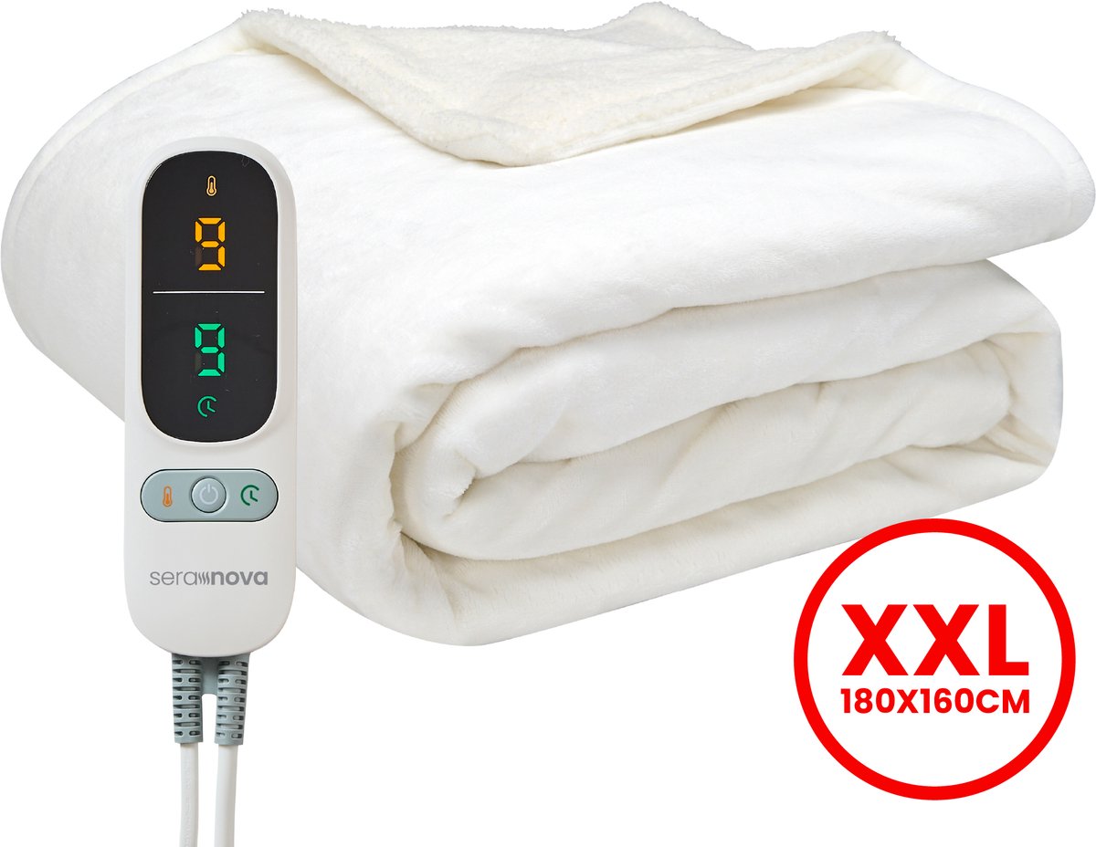 Seranova Elektrische Deken XXL - Extra Warmtedraden - Premium Model - 180x160 cm - 2 persoons Warmtedeken - Dubbelzijdig Fleece Sherpa - Off White