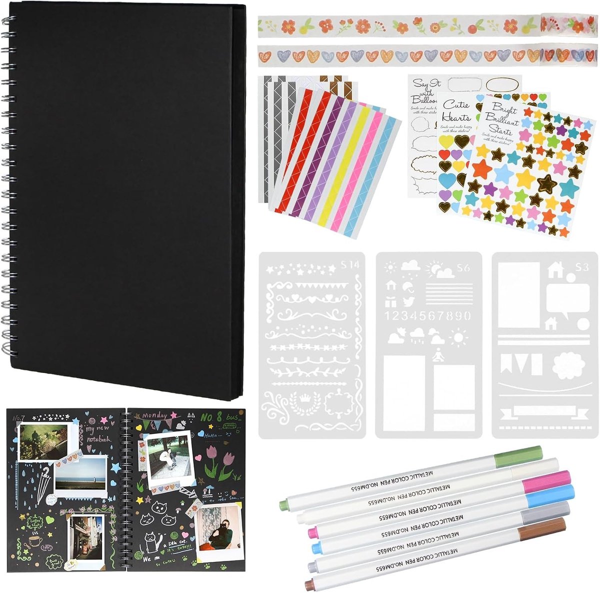 DIY Fotoalbum 29x21cm met 100 Zwarte Pagina's, Creatief Scrapbook met Stencils, Stickers en Fotohoeken voor Bruiloft en Verjaardag