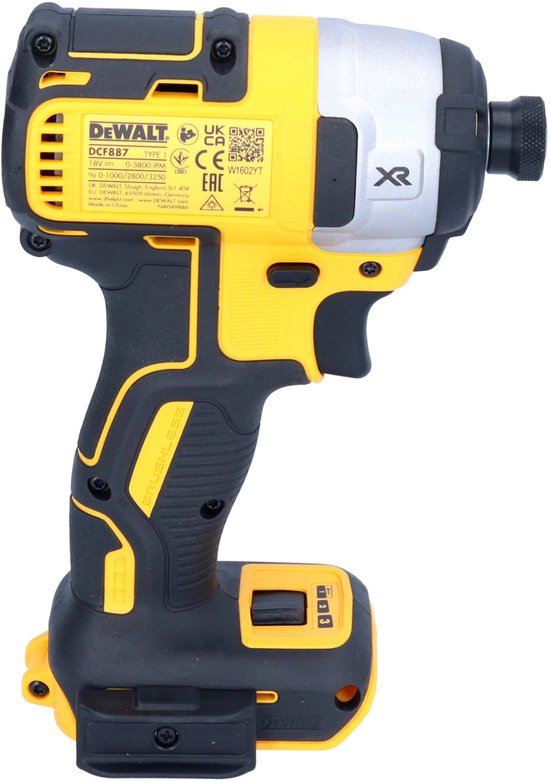 DeWALT DCF887 18V XR Brushless slagschroevendraaier, geel en zwart, met specificaties op de zijkant.