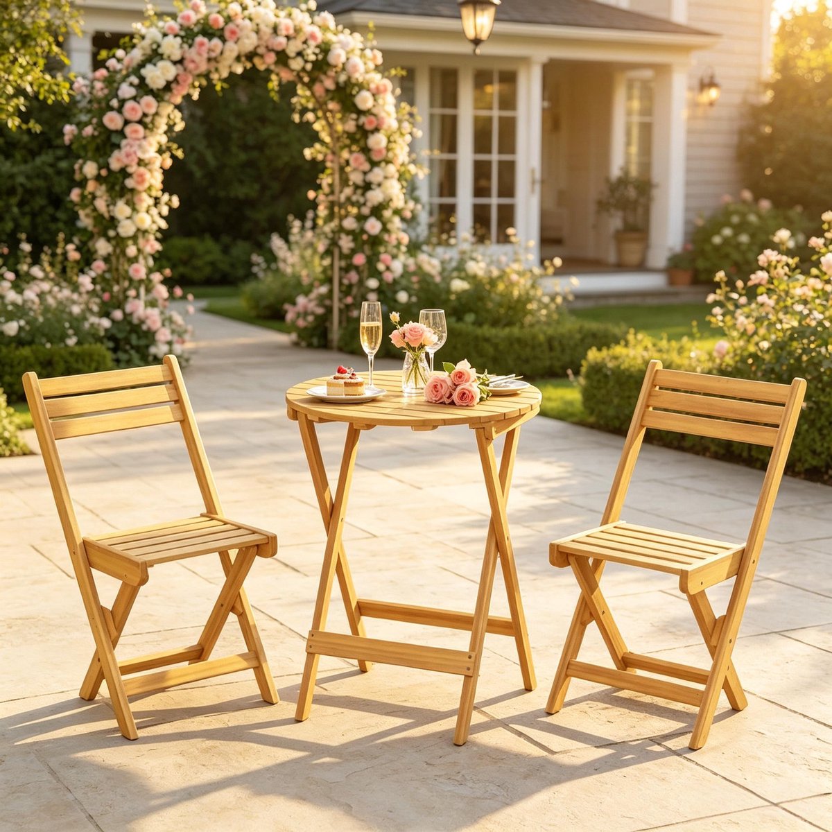 MIVRAY Bistroset Rond 60 Cm - Compacte Klaptafel Met 2 Klapstoelen - Voor Tuin, Balkon En Terras - Acaciahout - Natural Wood