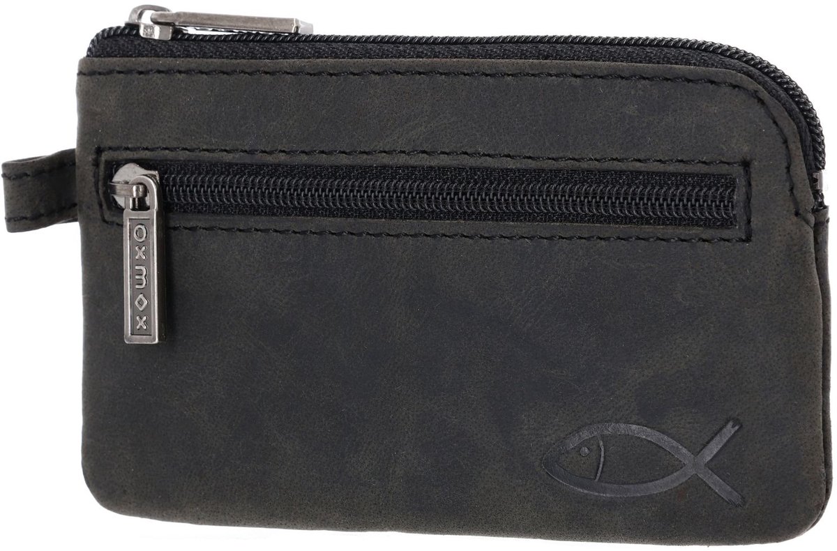 oxmox Leren sleutelgeval Leather Keyholder Freedom Fish Embossed Vintage Black zwart