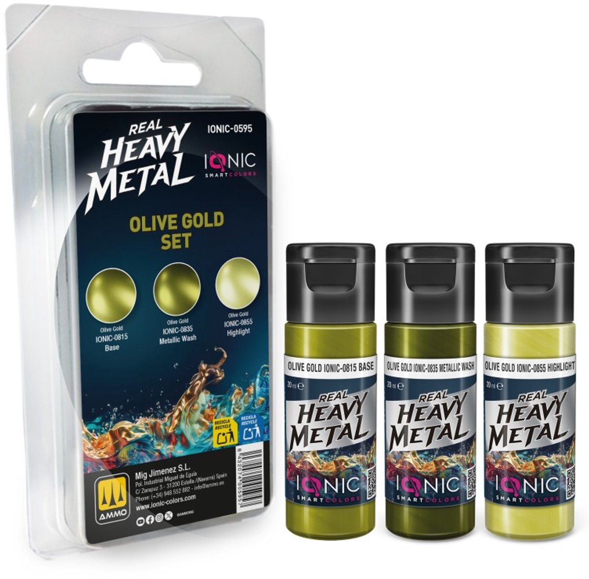 AMMO by Mig Jimenez Hobbyverf Acrylverf - MIG IO0595 Ionic Smart Colors - Real Heavy Metal - Olijfgoud Kleurenset - Acryl Set 3x20 ml Verf set - 3x 20 ml