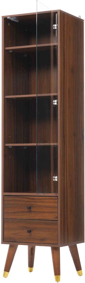 Vitrinekast - Smalle Hoge Kast - Glazen Deur - Push-to-Open Systeem - 2 Lades - Woonkamer en Kantoor - 39,8x35x160cm - Notenhout Look