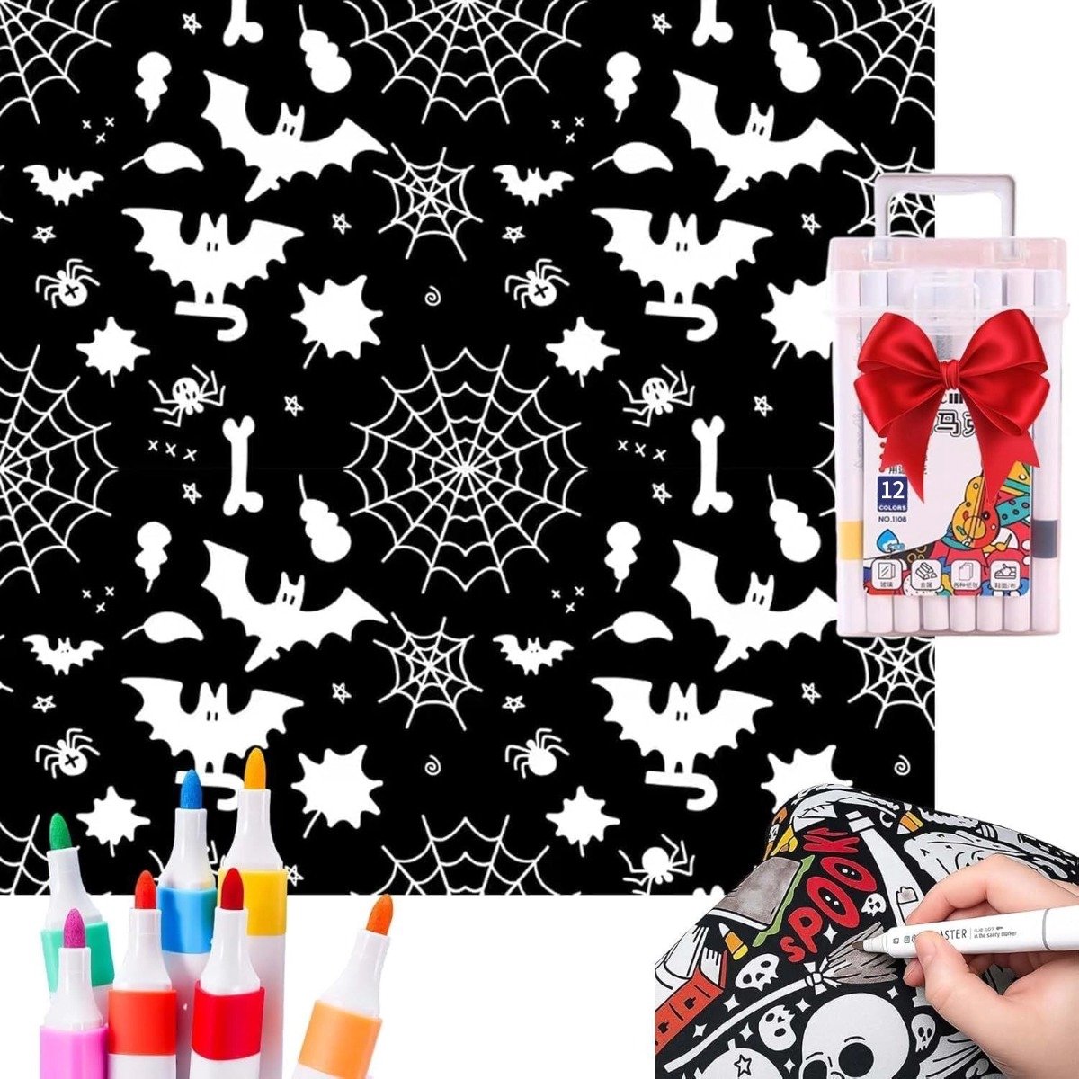 DIY Kleurdeken Met 12 Stiften - Wasbaar - DIY schilderdeken - Vleermuisthema - 150x125cm - Perfect cadeau - Bevordert ontspanning en mindfulness - Ontspannend en decoratief - voor volwassenen en kinderen，activiteiten met ouders en kinderen