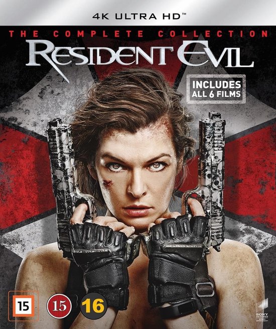 Resident Evil: The Complete Collection 4K Ultra HD Blu-ray box met Milla Jovovich met twee pistolen voor een rood-wit geblokte achtergrond.
