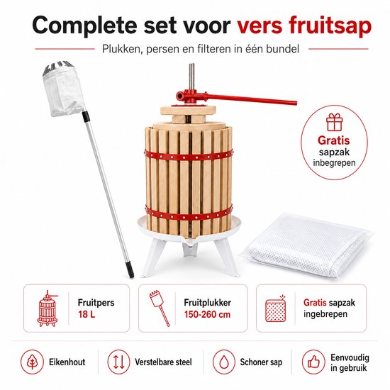 HOME It® Fruitpers Set 18L - Eikenhout - Telescopische Fruitplukker 150-260 cm & Gratis Sapzak - Voor Sap & Cider van home-it — afbeelding 5