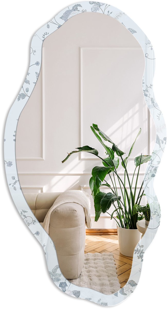 Coloray Botanische Bloemen Spiegel - Blauw Rechthoekige Spiegel Met Modern Design - Organische Spiegel - Slaapkamer, Woonkamer, Hal - Klassiek - 45x90 cm - Totale afmeting 52x97 cm