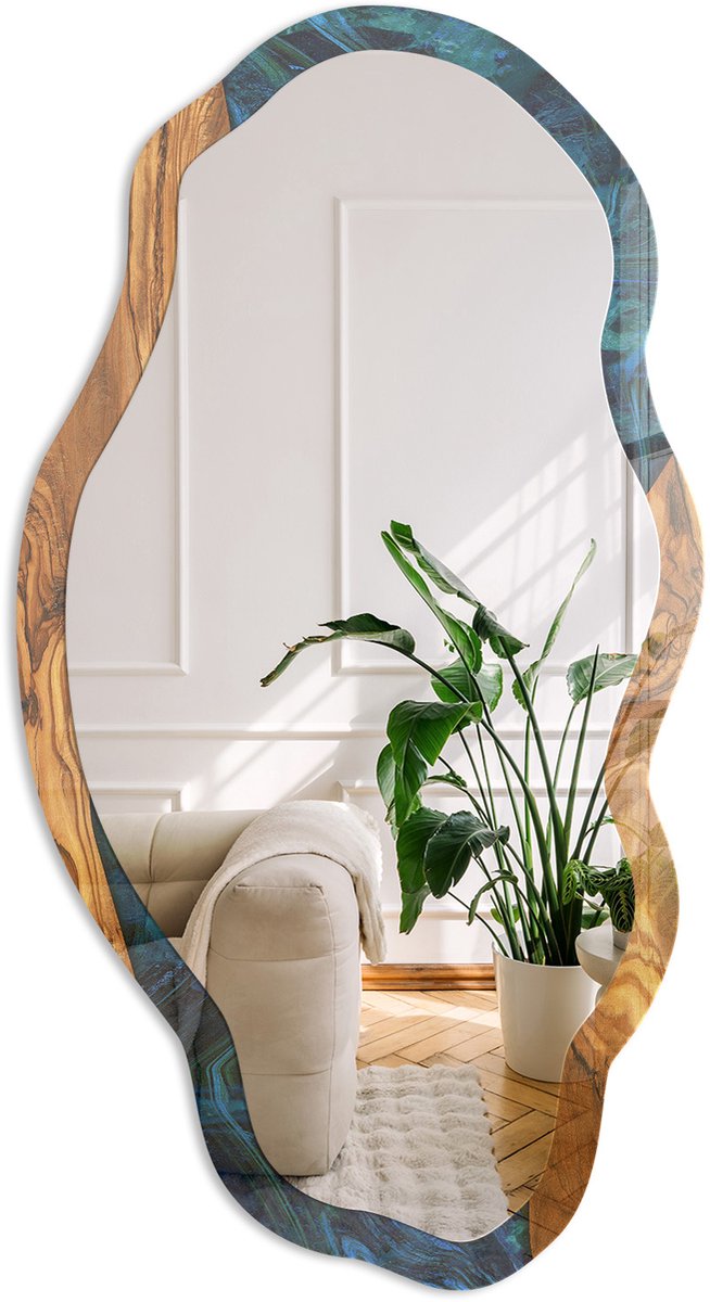 Coloray Houten Golven Spiegel - Bruin Stijlvolle Wandspiegel - Organische Spiegel - Woonkamer, Kantoor, Hal - Abstract - 45x90 cm - Totale afmeting 52x97 cm