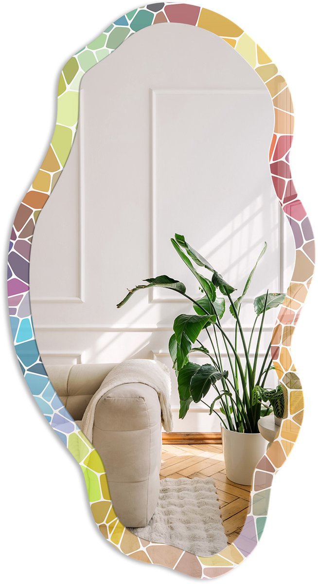Coloray Kleurrijk Mozaïek Spiegel - Geel Elegante Rechthoekige Wandspiegel - Organische Spiegel - Woonkamer, Kantoor, Slaapkamer - Abstract - 45x90 cm - Totale afmeting 52x97 cm