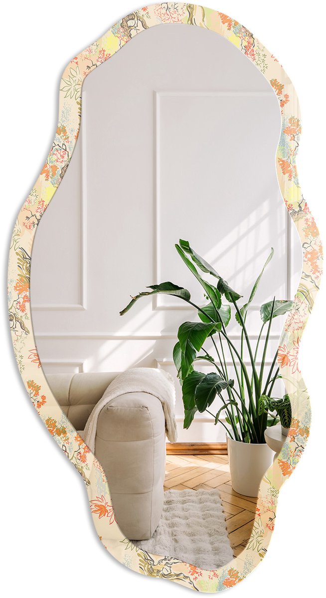 Coloray Botanische Samenstelling Spiegel - Beige Strakke Rechthoekige Spiegel - Organische Spiegel - Slaapkamer, Woonkamer, Hal - Aquarel - 45x90 cm - Totale afmeting 52x97 cm