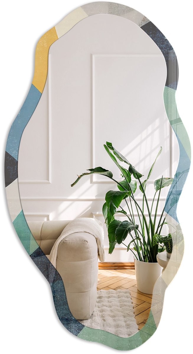 Coloray Abstracte Golven Spiegel - Blauw Rechthoekige Spiegel Voor Interieur - Organische Spiegel - Woonkamer, Kantoor, Slaapkamer - Abstract - 45x90 cm - Totale afmeting 52x97 cm