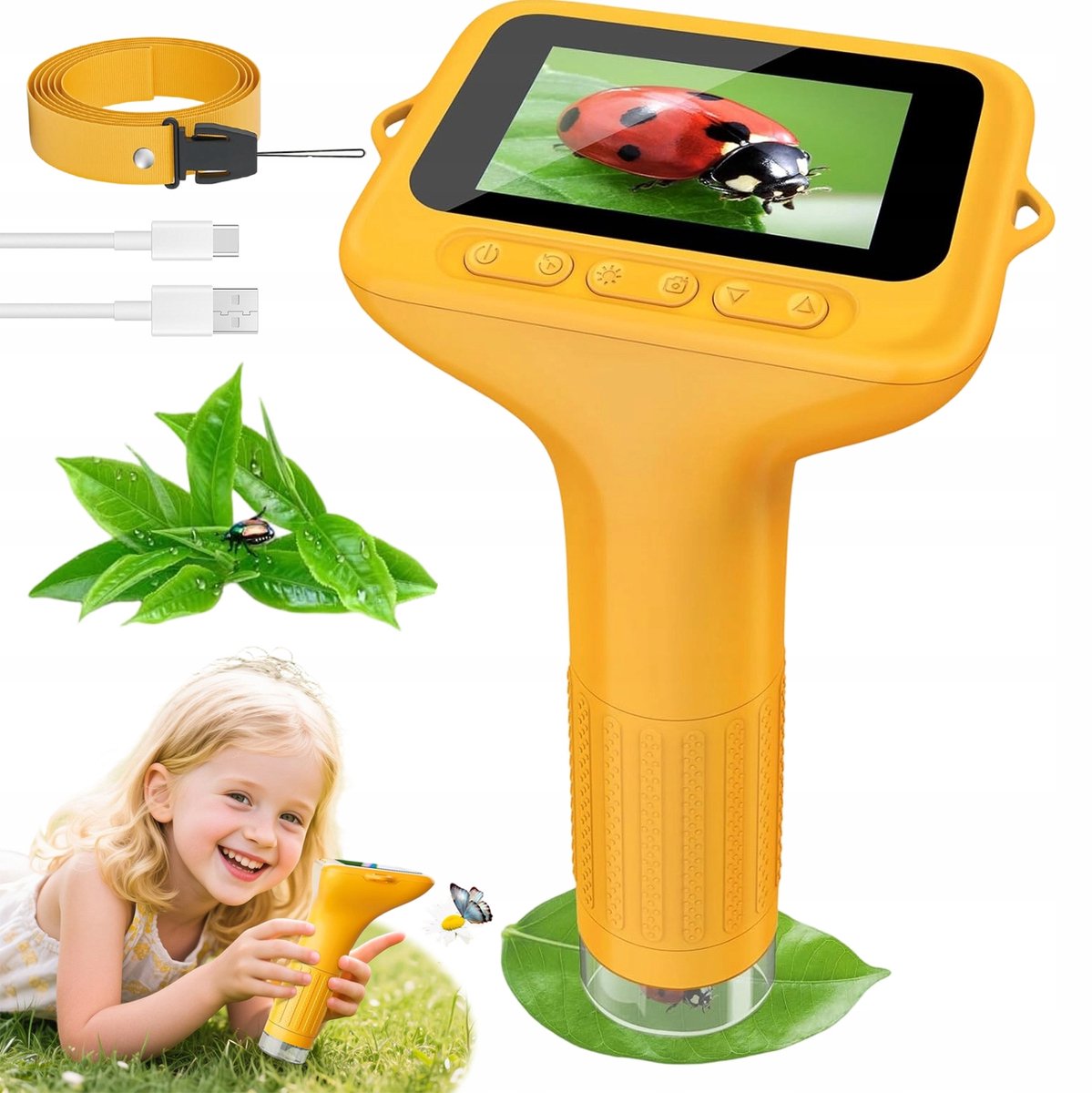 Digitale Microscoop voor Kinderen - Handmicroscoop - Kindermicroscopen - Handmatige Scherpstelling - 3 Inch IPS Scherm - 100-1000x - 8 Instelbare LED's - Foto & Video - 2MP - 32MB - Educatief Speelgoed - Voor Insecten & Planten & Munten - Geel