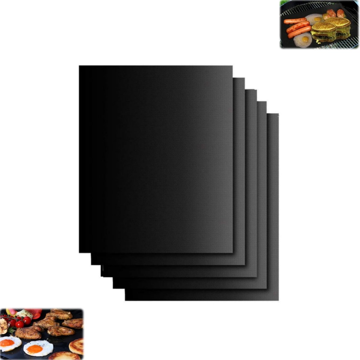 5 stuks - Barbecuemat voor buiten - Antiaanbak barbecuemat - Gemakkelijk schoon te maken ovenmat - Herbruikbare barbecuemat - Ovenmat 40 cm x 33 cm - Duurzame ovenbeschermer - Geschikt voor gas-, houtskool- en elektrische barbecues (zwart)