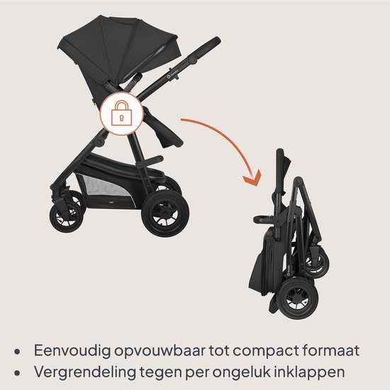 Zwarte kinderwagen met een vergrendelingssymbool. Opvouwbaar tot compact formaat. Een pijl toont de inklapbare functie.