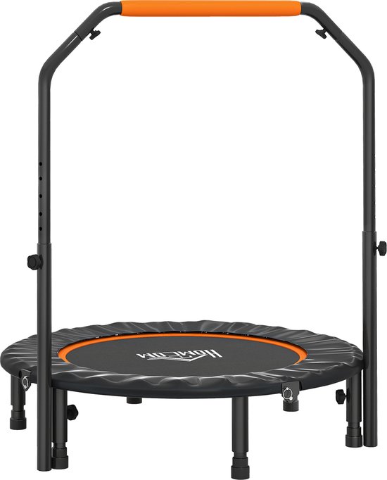 Zwarte fitness-trampoline van 102 cm met verstelbare oranje handgreep en zwarte antislip poten.