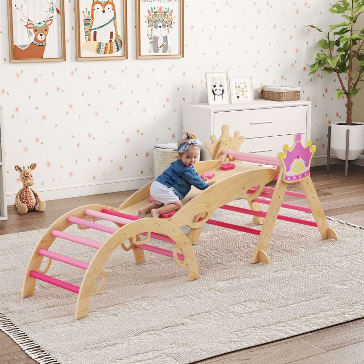 REDOM - Klimrek voor kinderen - 8-in-1 speelset - driehoeksladder met boogladder - verstelbaar klim- en glijbord - prinsessendesign - voor binnen - hout - roze - 92 x 80 x 38 cm