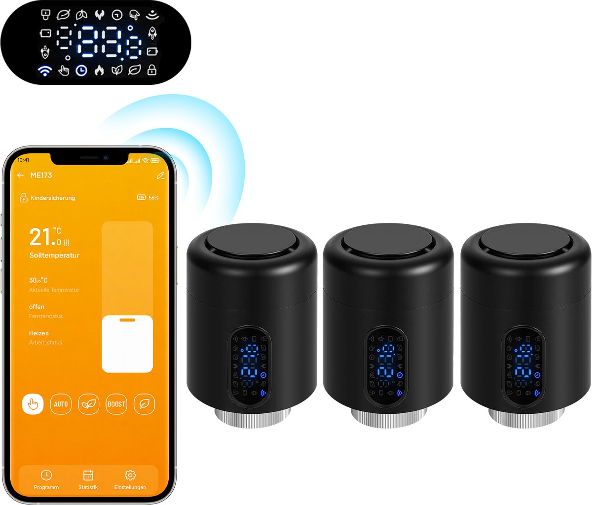 Slimme Thermostaatkraan voor Radiator – WiFi, App en 6 Modi – Zwart – 3-pack