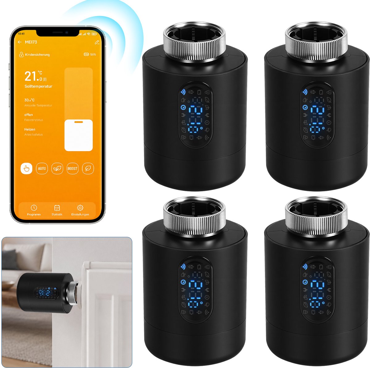 Slimme Thermostaatkraan voor Radiator – WiFi, App en 6 Modi – Zwart – 4-pack