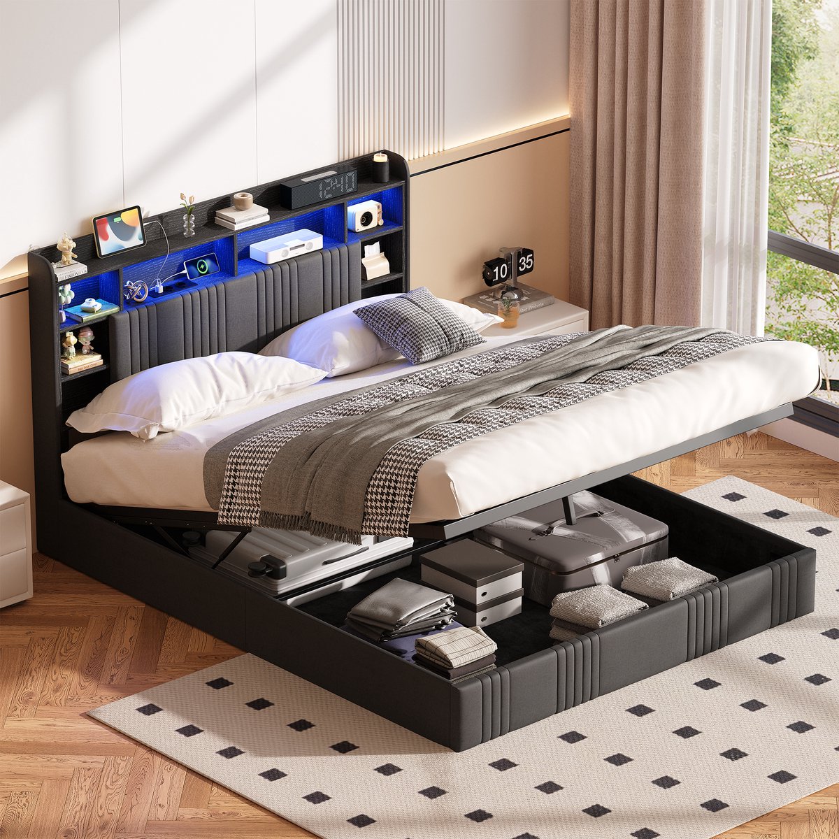 Opbergbed 140x200 cm met RGB-ledverlichting en USB-poorten, Gestoffeerd hoofdbord met opbergruimte, Tweepersoonsbed met lattenbodem en hydraulische lift, linnen Grijs
