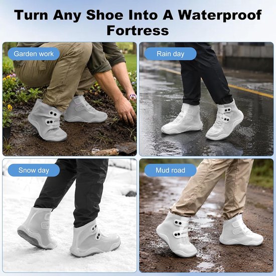 Overschoenen / Regenschoenen - Maat L （38 t/m 43）- Waterdicht - Antislip - TPE - Verstelbare Gesp - Versterkte rubberen antislipzool - herbruikbare - eco - Unisex - Voor Wandelen, Fietsen, Woon-werkverkeer & Outdoor - voor regen, sneeuw - wit — afbeelding 4
