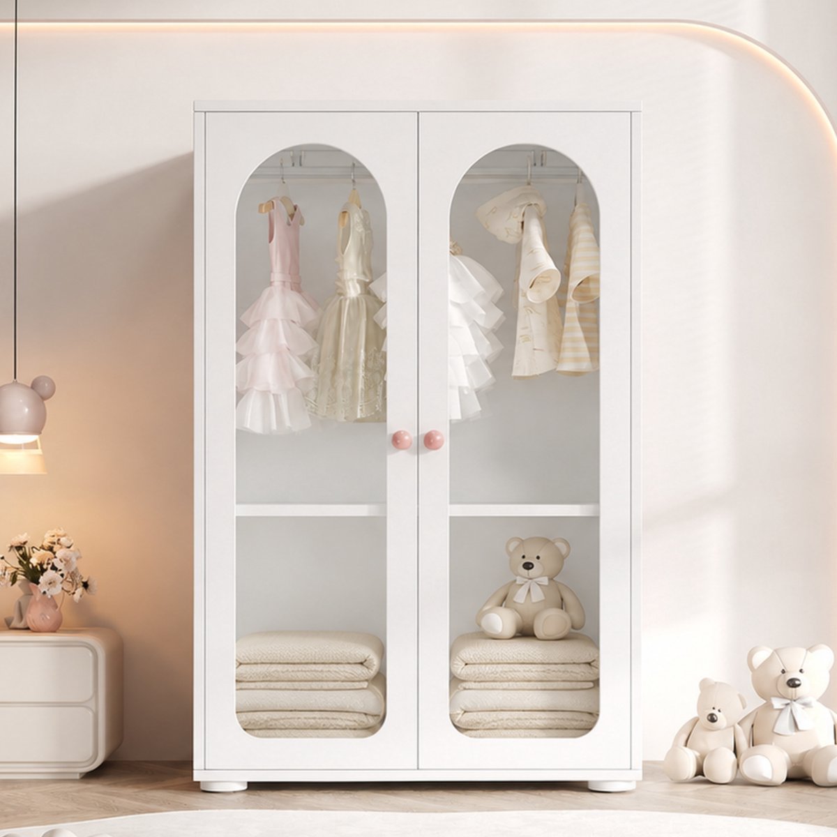 OKWISH Kledingkast – 2-Deurs – Transparante Acryldeuren Met Kledingstang En Verstelbare Planken – Voor Kinderkamer En Slaapkamer – MDF Wit – 80x50x120 cm