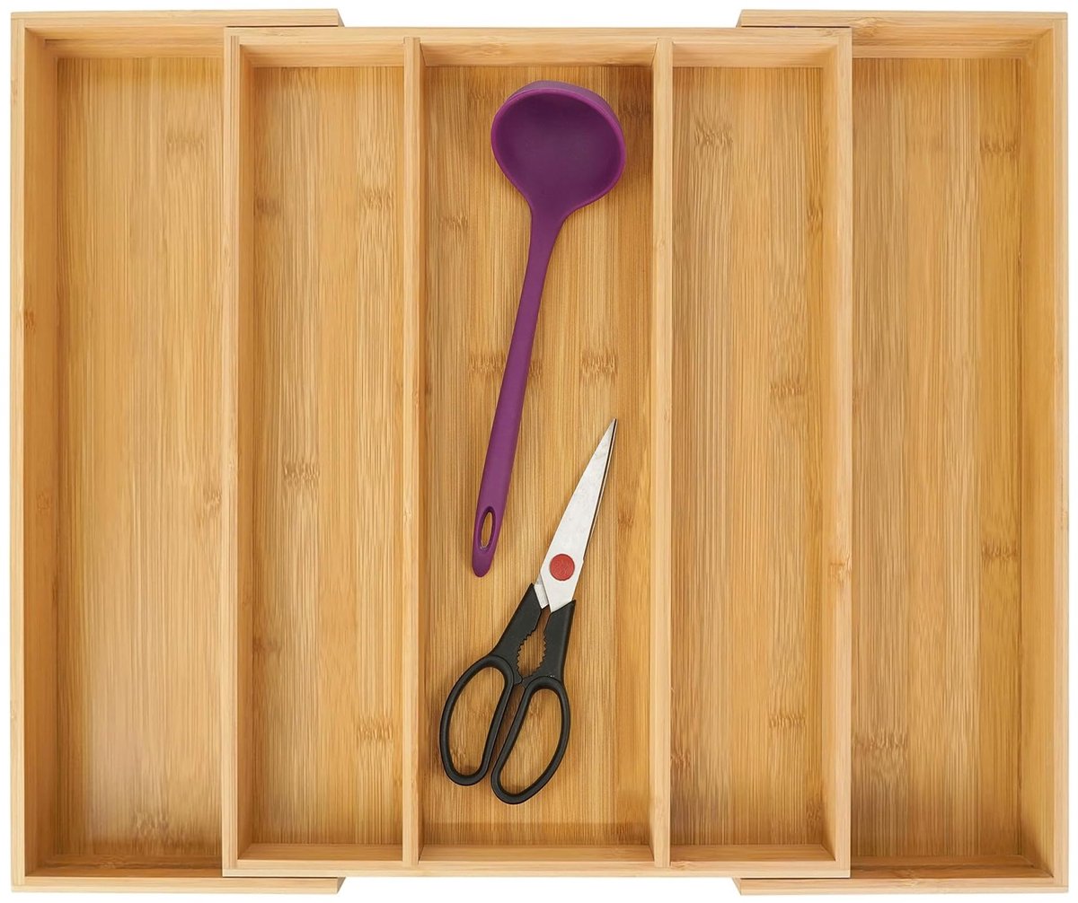 Famanu – Bamboe besteklade uitbreidbare lade-organisator, 32 x 43 x 5 cm, ideaal voor het ordenen van bestek en keukengerei