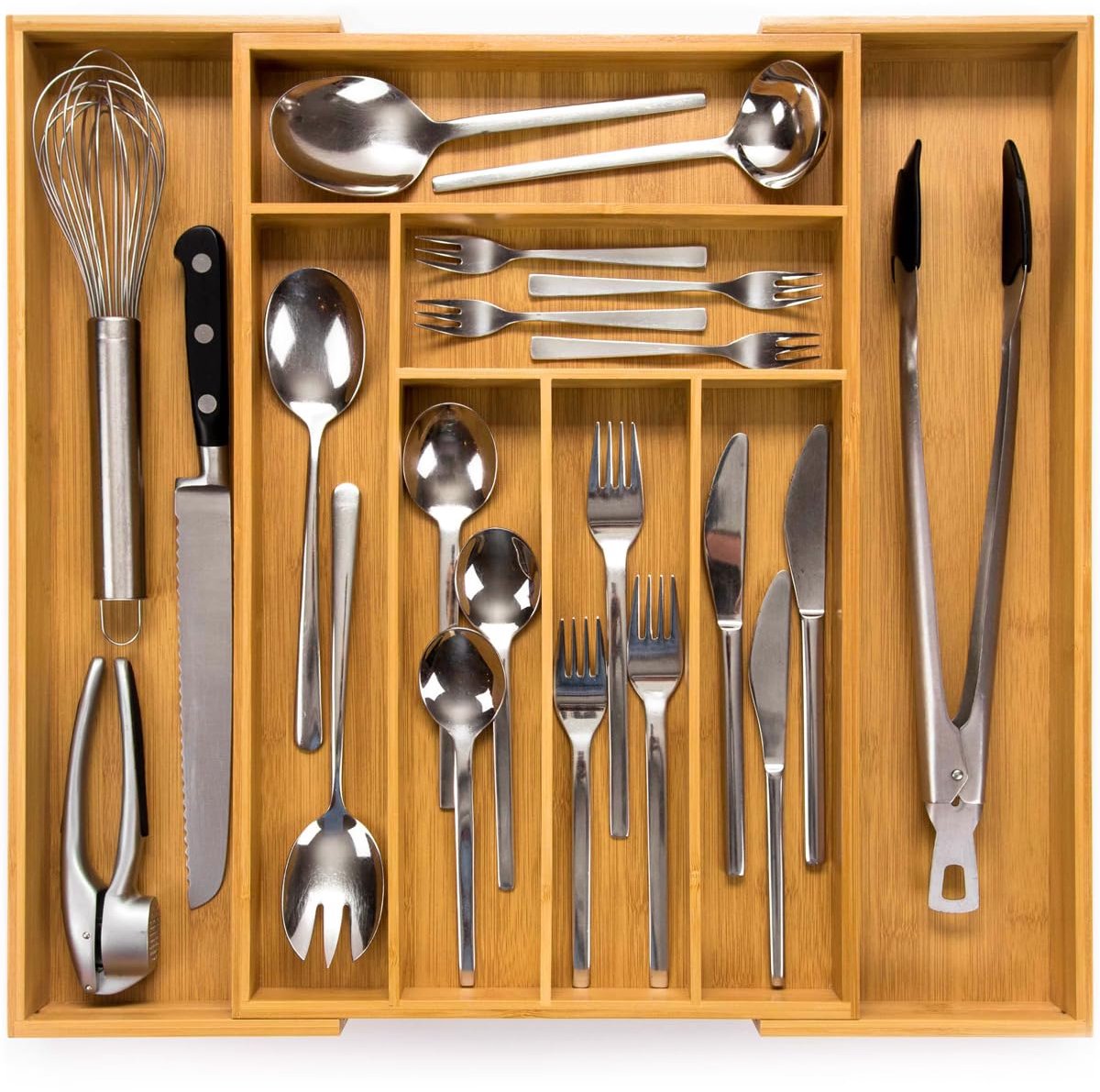 Famanu – Uittrekbare bestekbak van bamboe, 47 cm diep, ideaal voor het organiseren van bestek in de keuken