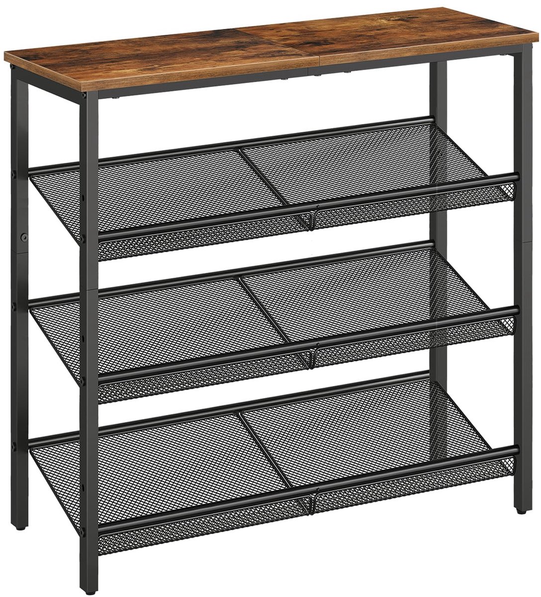Famanu Schoenenrek met 4 verdiepingen, verstelbaar metalen roosterrek voor 12-15 paar schoenen, vintage bruin-zwart