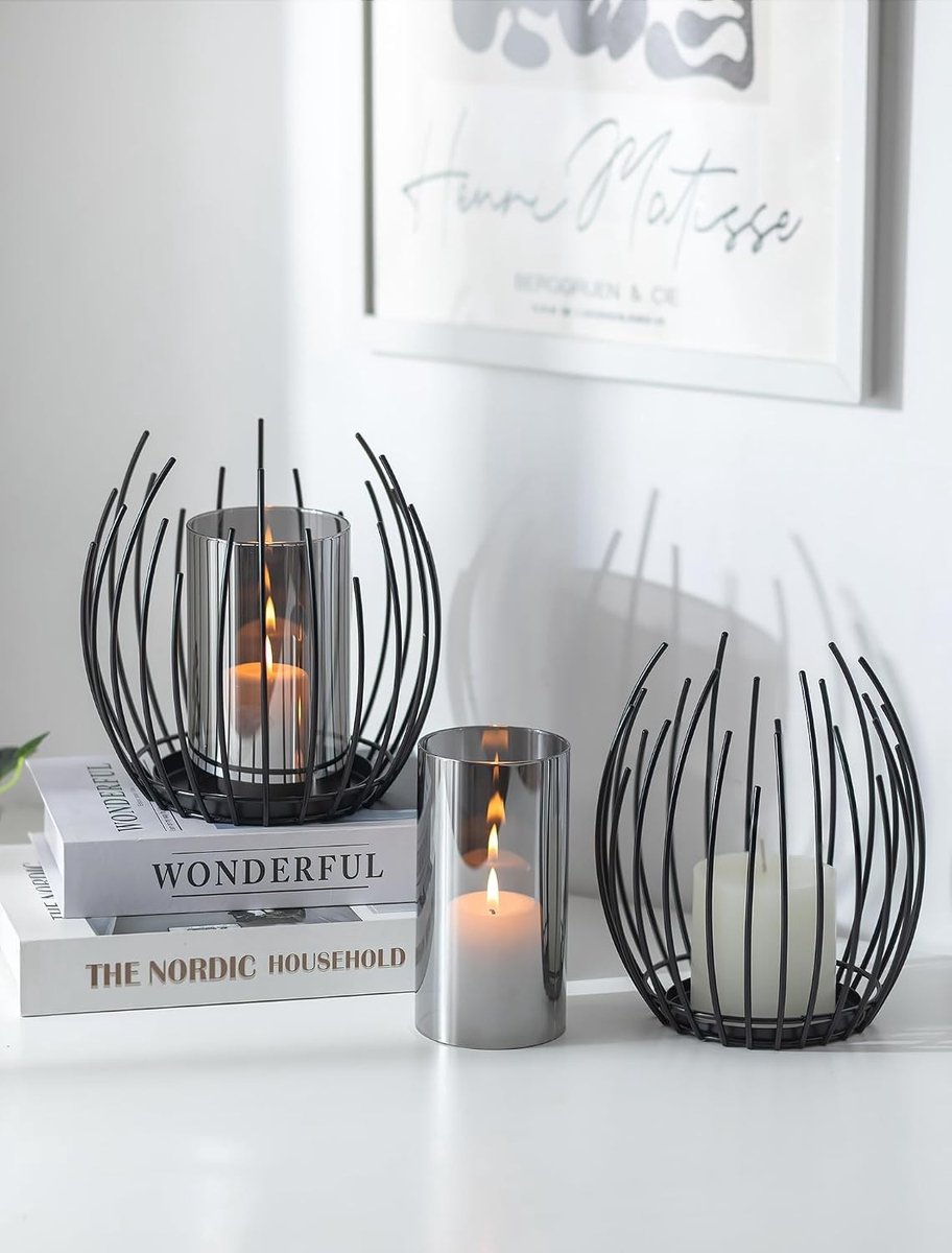 Windlicht van glas - Zwart - Set van 2 - Metalen windlichten met glazen cilinder - Voor binnen en buiten