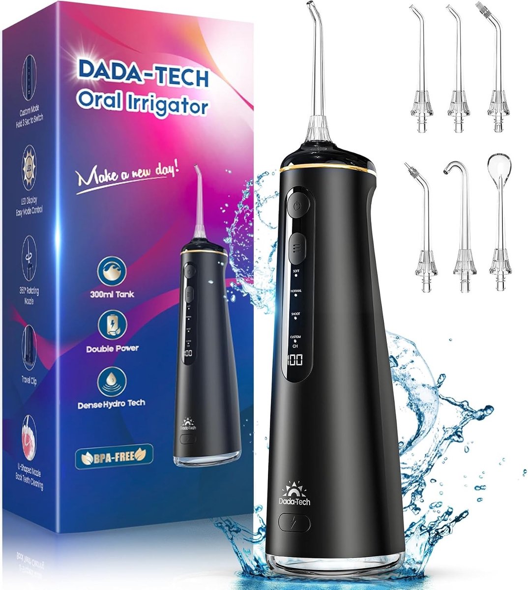 Waterflosser - Zwart - 300 ml - Elektrische Monddouche met 4 Modi en 8 Waterdrukstanden - Voor Interdentale Reiniging