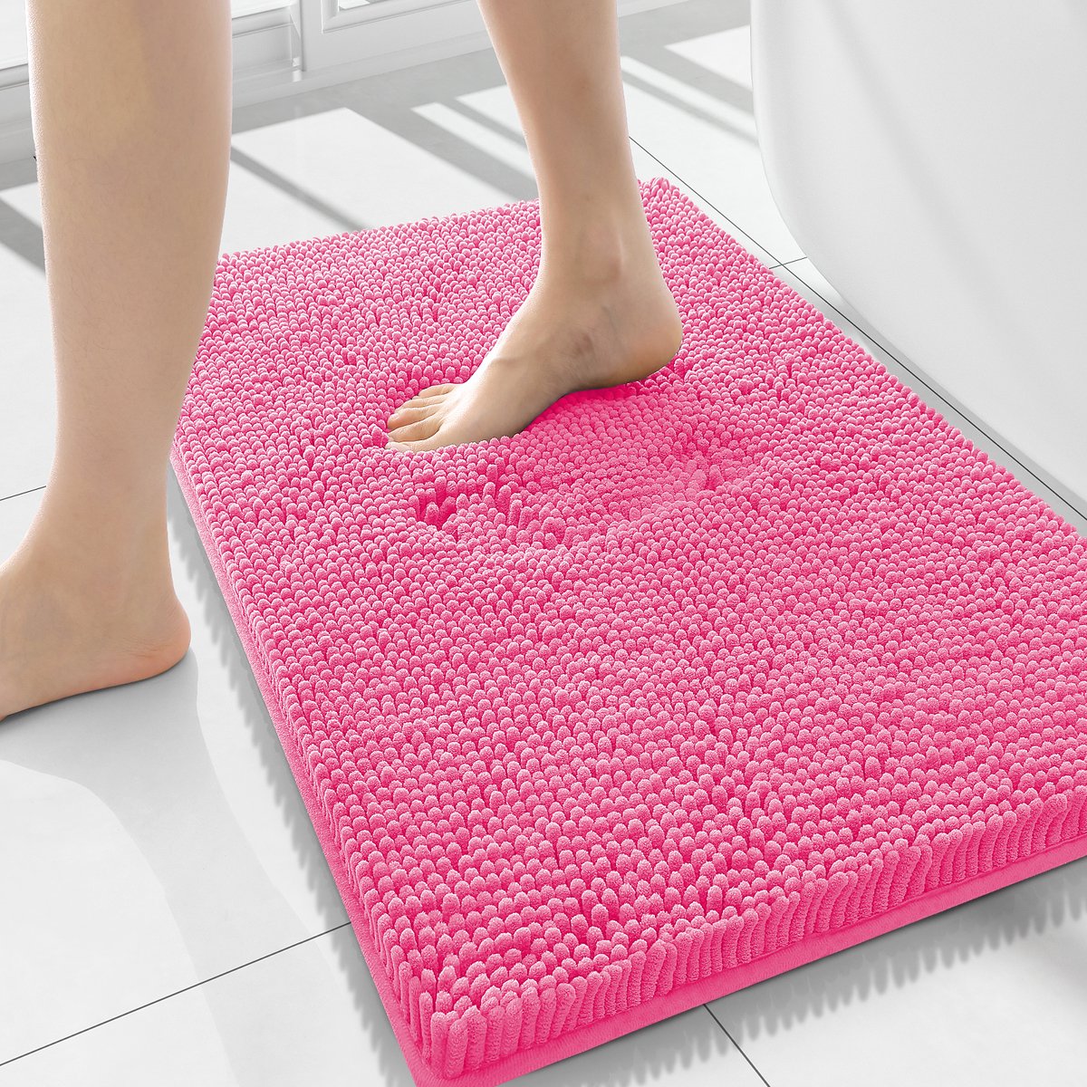 Olanly Badmat Antislip – Chenille Douchemat – Badmat Badkamer – Rozeachtig rood – 51X120cm