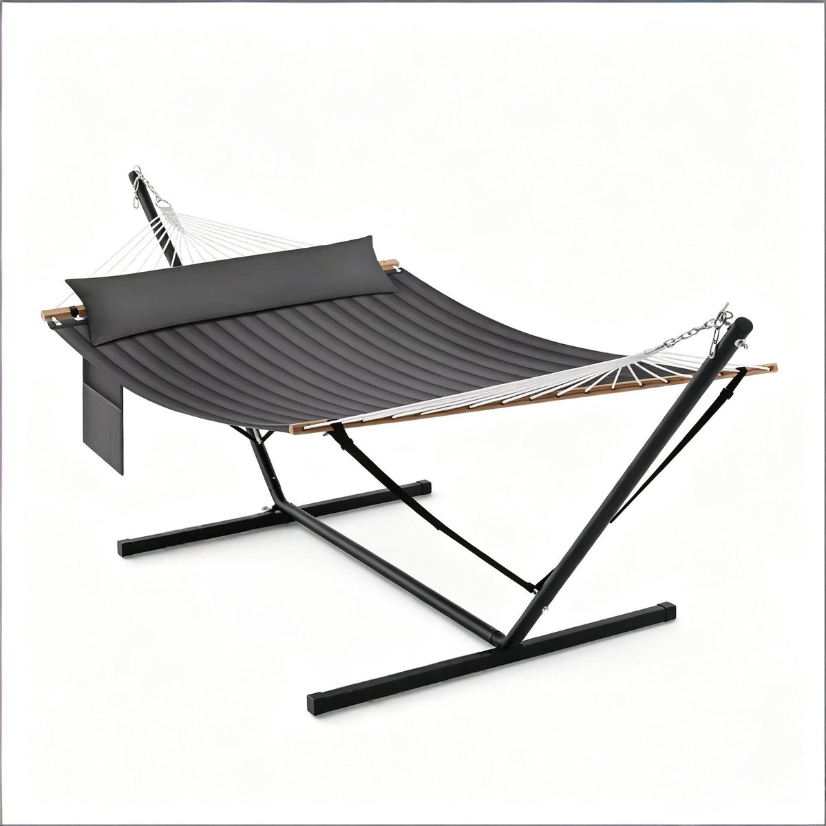 Hangbed - met stand en mat - dubbele hangbed - met metalen frame - donkergrijs
