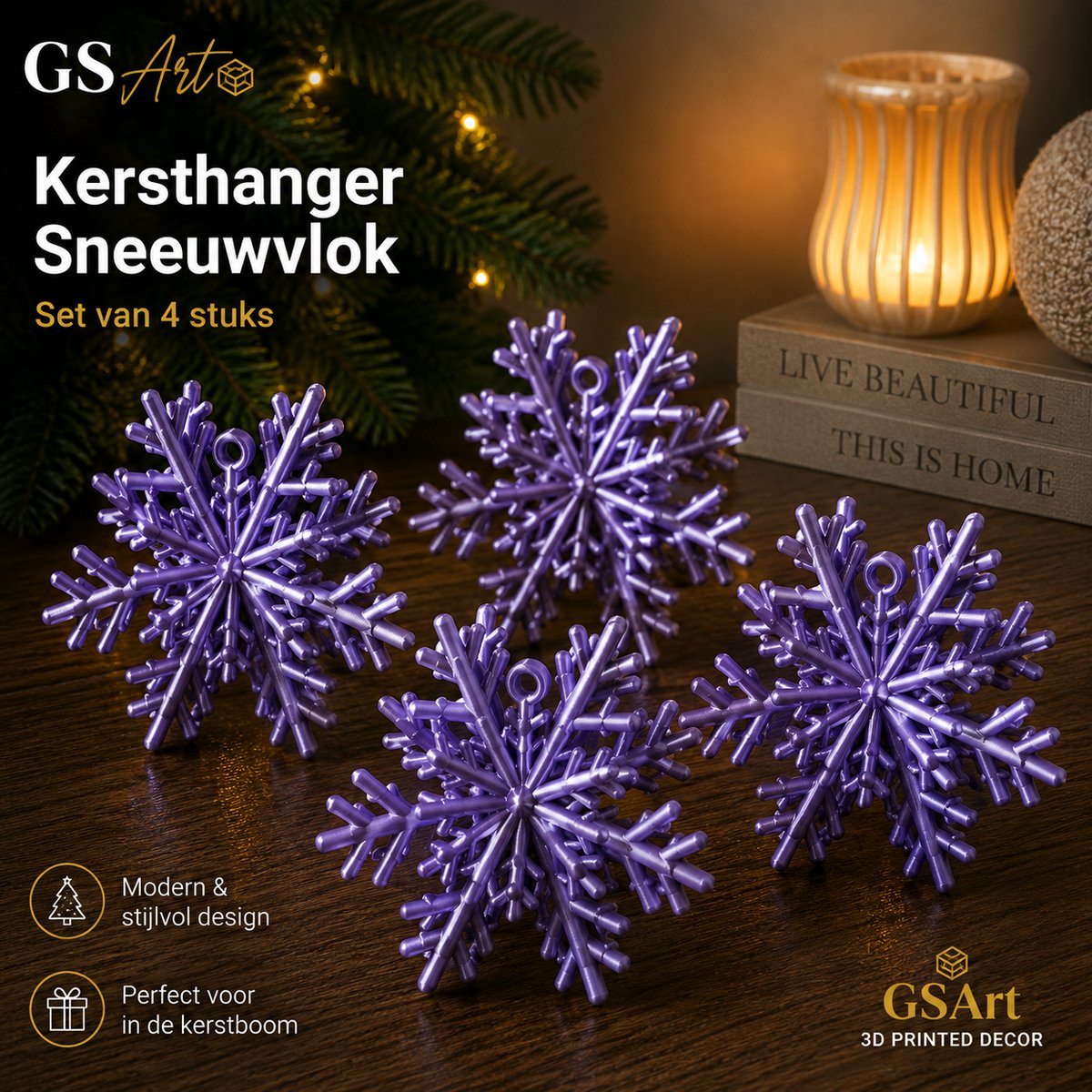 GSArt Kersthangers Sneeuwvlok – Set van 4 stuks - Zijde Paars
