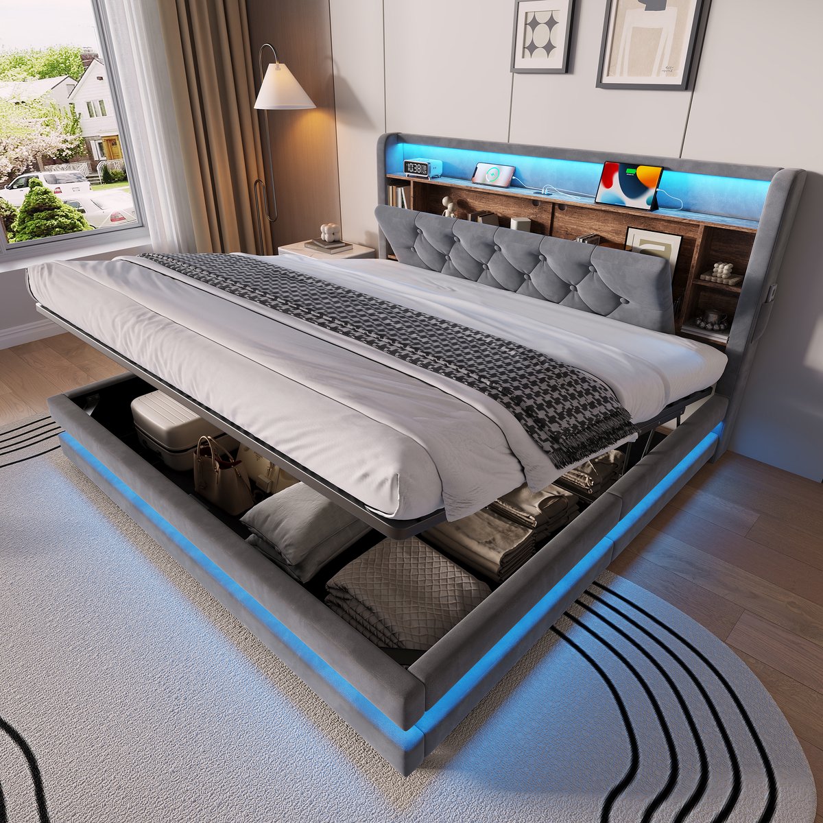 STILVORA Polsterbed 160 x 200 cm - Bed Met Opbergruimte, LED-Verlichting, USB-Aansluiting En Type C-Poort - Hydraulisch Bedframe Met Lattenbodem - Tweepersoonsbed - Fluweel - Donkergrijs - Zonder Matras